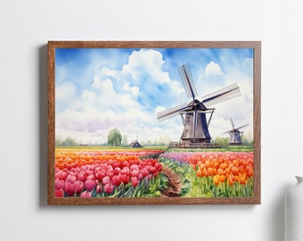 Windmill Tulip Field Watercolor Art Print, The Netherlands Travel Poster