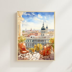 Spain Madrid Europe Watercolor Print, Balcony View, Madrid Cityscape, Spain Artwork, Europe Travel, Wall Art, Home Decoration