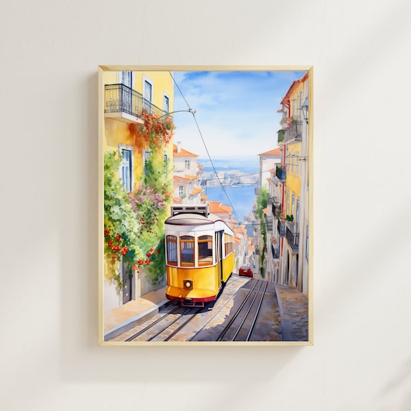 Lisbon Watercolor Print, Lisbon Tram Print, Ocean View, Portugal Artwork, Europe Travel Print, Wall Art, Wall Decor, Housewarming Gift