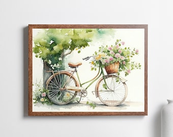 Estampado de bicicleta floral de acuarela, bicicleta vintage con flores, estampado de flores, estampado vintage, decoración de pared, arte de pared