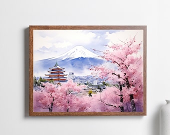 Kyoto Watercolor Print, Sakura Blossoms, Fuji Mountain, Japan Art