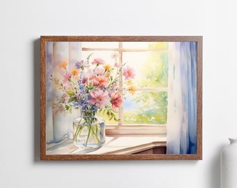 Vintage Window Sill with Flower Print, Watercolor Print, Housewarming Gift