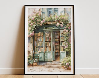 May include: A watercolor painting of a green storefront with a sign that reads "Librarie". The storefront is covered in pink roses and has a door that is open, revealing shelves of books.