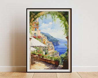 Lámina de acuarela de la costa amalfitana, arte de Positano, Italia, decoración de pared enmarcada
