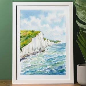 Seven Sisters Cliffs Watercolor Print, Sussex Coastline Art, English Channel Landscape, UK Travel Poster