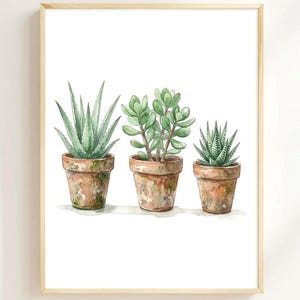 May include: Watercolor painting of three potted succulents. The plants are various shades of green, with detailed leaves and textures. The pots are terracotta, with a weathered appearance. The artwork is framed in a light wood frame.