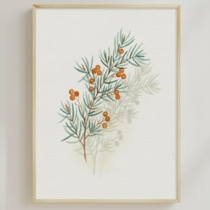 May include: Watercolor painting of a botanical sprig with green leaves and small orange berries. The artwork is framed in a light wood frame and set against a white background. The sprig's shadow is visible.