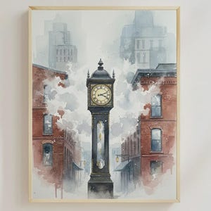 May include: Watercolor painting of a city street scene with a tall black clock tower in the center. Red brick buildings line the street, and the sky is a hazy gray. The clock face is gold with black Roman numerals.