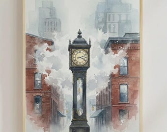 ガスタウン蒸気時計の水彩画、バンクーバーの街並みアート、都市旅行の壁画