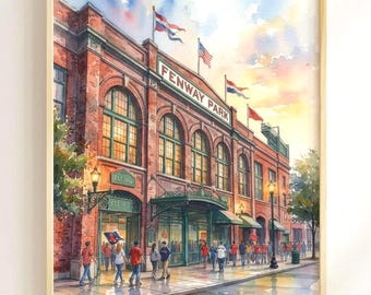 Fenway Park Watercolor Print, Boston Baseball Stadium Art, Red Sox Wall Decor