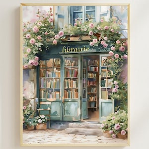 French Bookstore Art Print, Parisian Librairie Watercolor Wall Art, Cozy Bookshop with Pink Climbing Roses, French Country Cottage Decor