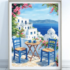 Santorini Coffee Art Print, Greek Island Wall Decor