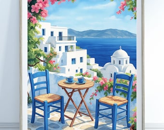Santorini Coffee Art Print, Greek Island Wall Decor