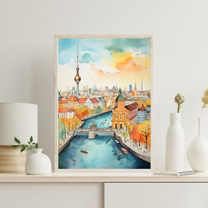 Berlin Skyline Watercolor Wall Art, Spree River and Fernsehturm, Unframed, Framed or Wrapped Canvas image 2