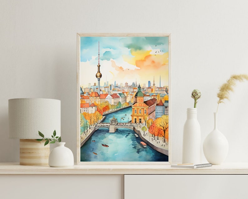 Berlin Skyline Watercolor Wall Art, Spree River and Fernsehturm, Unframed, Framed or Wrapped Canvas image 2