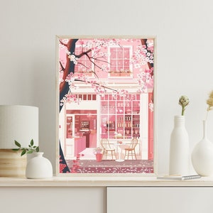 Japanese Coffee Shop Art Print, Cherry Blossom Sakura Decor image 3