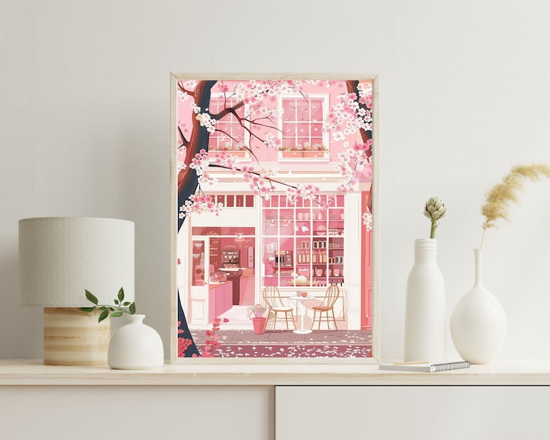 Japanese Coffee Shop Art Print, Cherry Blossom Sakura Decor image 3
