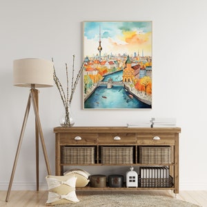 Berlin Skyline Watercolor Wall Art, Spree River and Fernsehturm, Unframed, Framed or Wrapped Canvas image 3