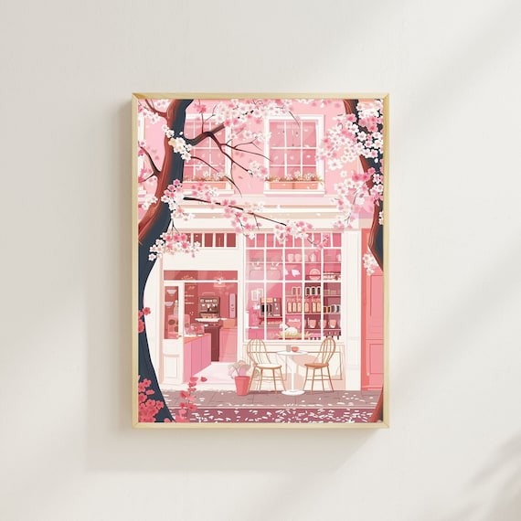 Japanese Coffee Shop Art Print, Cherry Blossom Sakura Decor