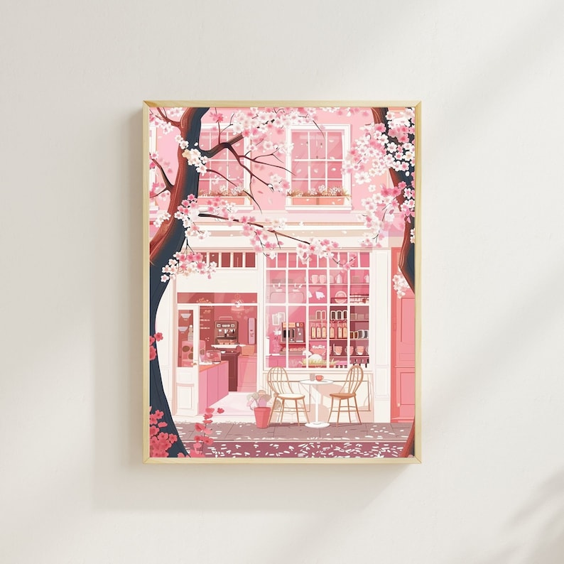 Japanese Coffee Shop Art Print, Cherry Blossom Sakura Decor image 1