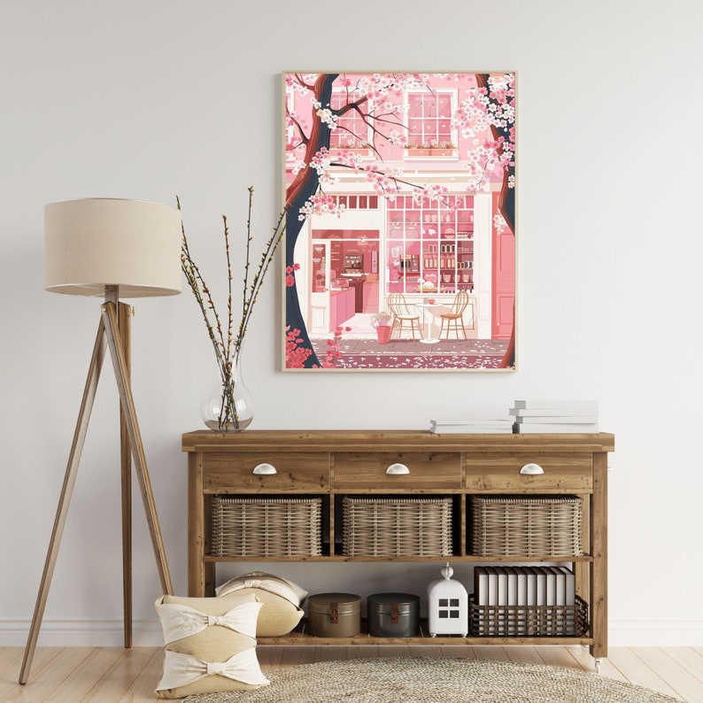 Japanese Coffee Shop Art Print, Cherry Blossom Sakura Decor image 2
