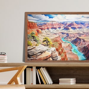Op de afbeelding: Een aquarel schilderij van de Grand Canyon, met een levendige blauwe rivier die door de rode rotsformaties van de canyon slingert. Een kleine boom groeit aan de rand van de canyon en biedt een perspectief op het uitgestrekte landschap.