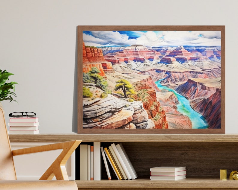 Op de afbeelding: Een aquarel schilderij van de Grand Canyon, met een levendige blauwe rivier die door de rode rotsformaties van de canyon slingert. Een kleine boom groeit aan de rand van de canyon en biedt een perspectief op het uitgestrekte landschap.