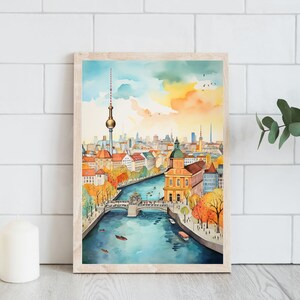 Berlin Skyline Watercolor Wall Art, Spree River and Fernsehturm, Unframed, Framed or Wrapped Canvas image 4
