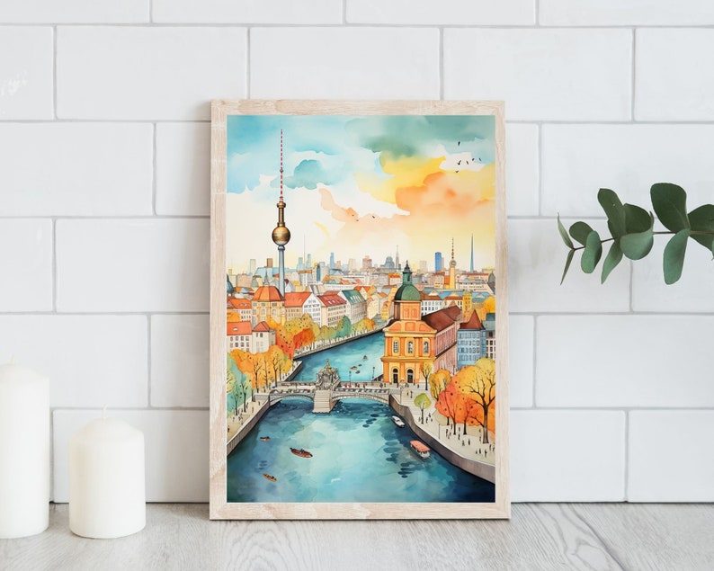 Berlin Skyline Watercolor Wall Art, Spree River and Fernsehturm, Unframed, Framed or Wrapped Canvas image 4