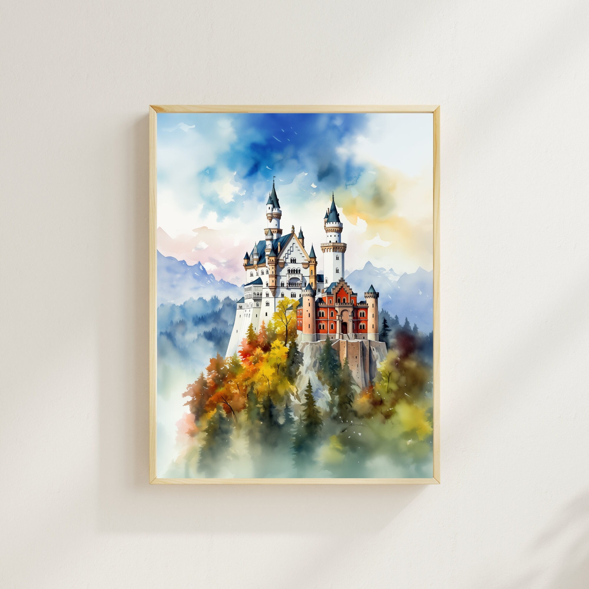 Fairy Tale Castle Art Print Neuschwanstein Oil Painting Germany European  Landscape Handmade 8x10 or 8.5x11 Artwork With 11x14 Mat 