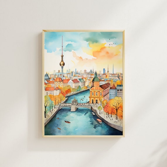 Berlin Skyline Watercolor Art Print, Spree River, Fernsehturm