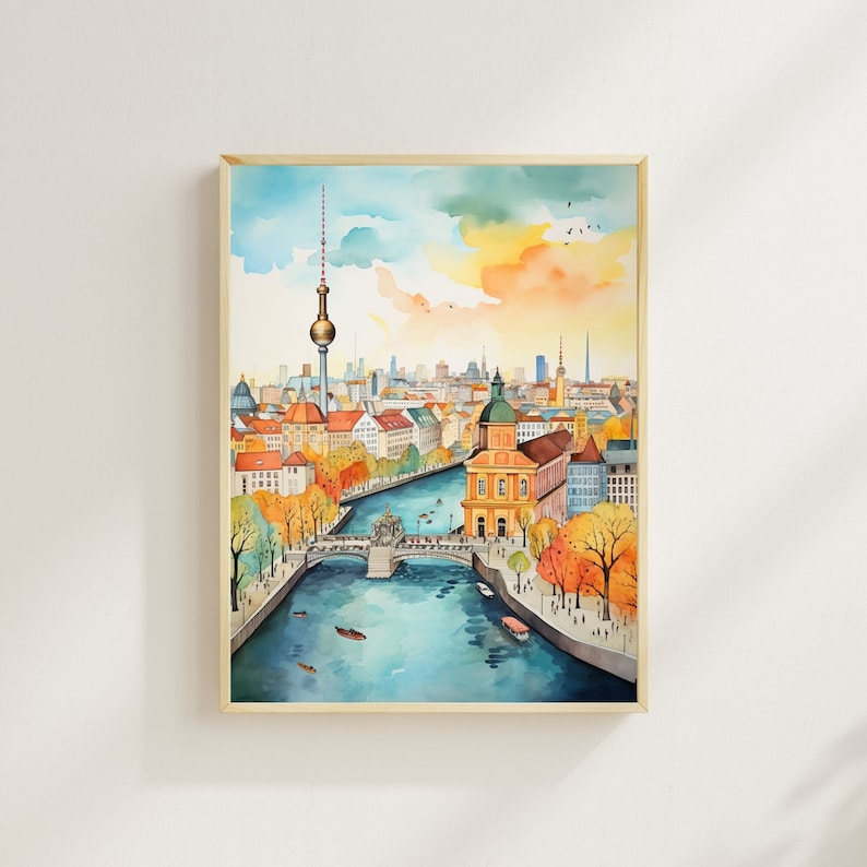 Berlin Skyline Watercolor Wall Art, Spree River and Fernsehturm, Unframed, Framed or Wrapped Canvas image 1