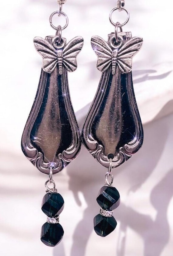 Vintage silverware handmade earrings   , drop earrings crystal  unique handmade spoon jewelry genuine emerald gemstones