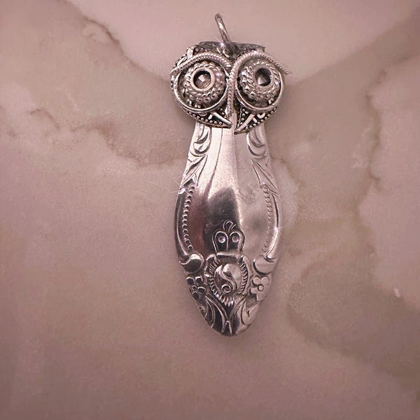 Unique 2-Inch Owl Pennant Spoon Necklace - Swarovski Crystal ,Handmade with 18-Inch Snake Chain and Vintage Silver - One of a Kind"