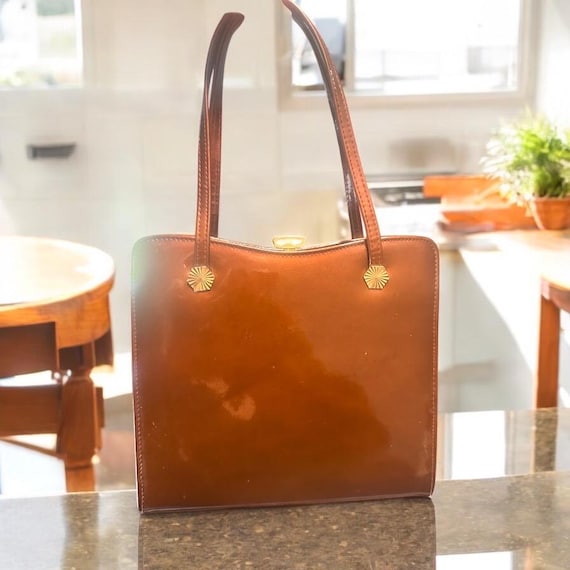 Vintage Ackery London Patent Leather Handbag – Made in England – Brown Structured Top Handle Purse with Gold Hardware Birmingham’s Original