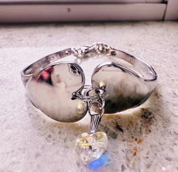 Upcycled Spoon Bracelet with Crystal Heart Charm & Bracelet Helper | Towle Silverplate Heart Clasp