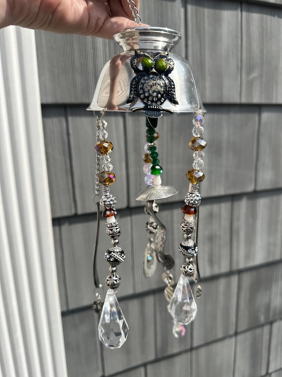 Owl Kitchen Chime with Crystals & Beads – Upcycled Silverware Wind Chime, Vintage Spoon Art, Whimsical Hanging Decor