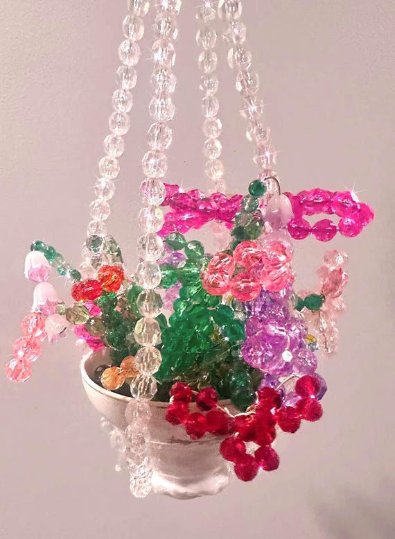 Beaded hanging Plant in a  tea cup hanger plant decor . Bling plant Suncatcher garden decor