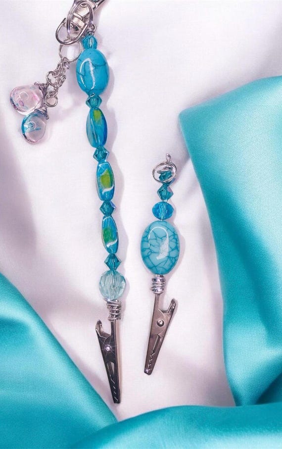 Atm card clip crystal Turquoise genuine stones set of 2 long nail helper keychain ,  nail protection tool gift