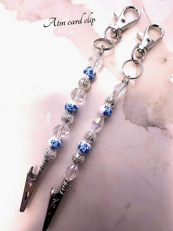 Atm card clip , Spring flower blue ,Key chain, long nail helper, crystal ceramic clip bracelet buddy , bracelet helper