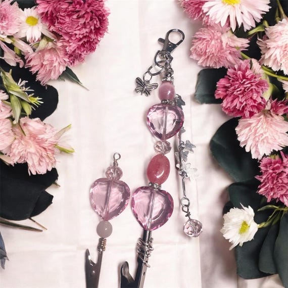 ATM Card Clip, pink Rose quartz heart, free mini , Long Nail Card Clip,  Keychain, Card Grabber , bracelet helper ,
