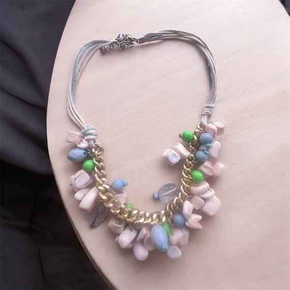 Vintage Boho Statement Necklace, Chunky Shell & Bead Necklace, Green Blue White Beaded Bib Necklace, Eclectic Layered Jewelry, Festival