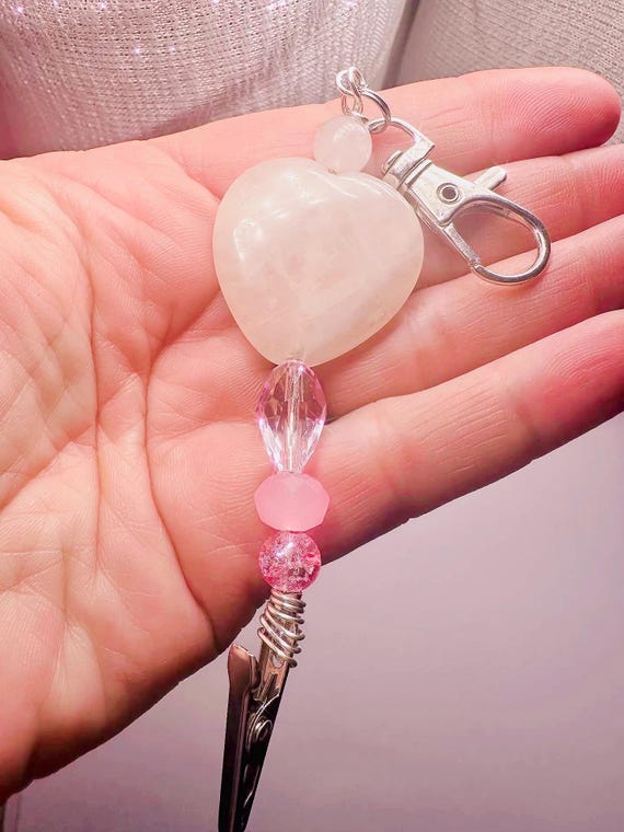 ATM Card Clip genuine Rose quartz heart, Long Nail Card Clip ,Credit card puller 3” Bracelet Bud holder, credit card grabbers ,