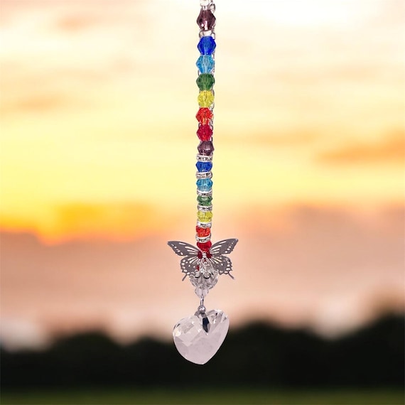Rainbow Crystal Suncatcher for Car or Window – Adjustable LGBTQ+ Pride Decor with Heart Charm and Butterfly Accent, Sunlight Prism Gift