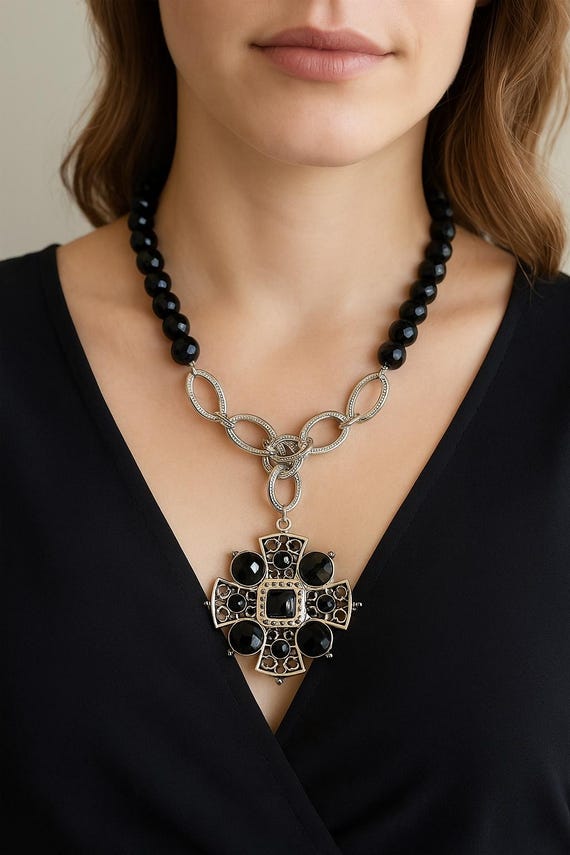 George Black Bead & Silver-Tone Cross Pendant Necklace | Statement Fashion Jewelry with Faceted Beads