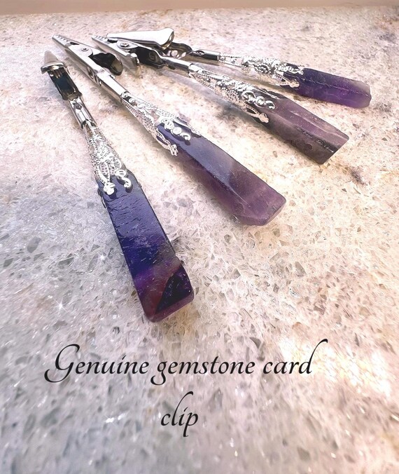 Genuine Amethyst Reiki gemstone card clips, atm card clips ,long nail helper, bracelet helper, multi use clip bracelet buddy,