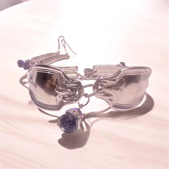 Vintage Silver Spoon Bracelet Set adjustable with Matching Earrings & Bracelet Helper Claw Clasp | Upcycled Silverware Jewelry Gift