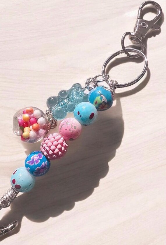 Sweet Candy Bead ATM Card Clip Bracelet Helper – Pink ,Aqua Beaded Grabber with Sprinkle Charm , Alligator Clip , Keychain
