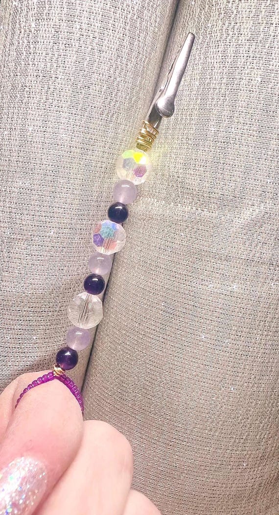 Purple Crystal Beaded ATM Card Clip with Ring – Long Nail Helper, Sparkle Card Grabber Tool