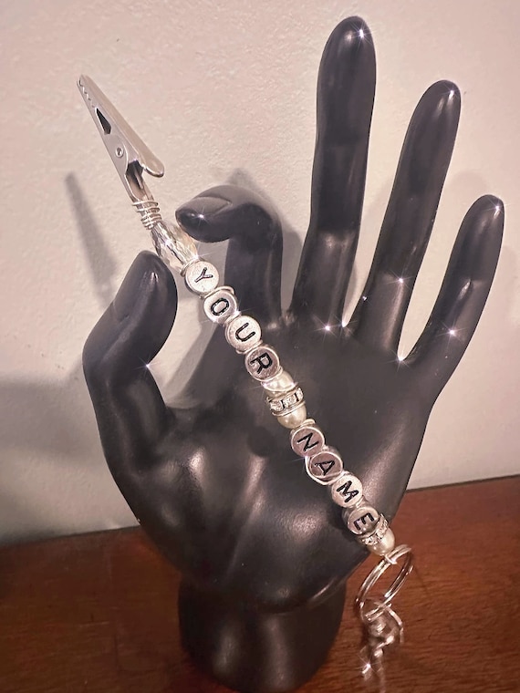 Customized Atm card clip, bracelet buddy, personalized with a name . long nail helper, keychain , crystal beaded , pearl